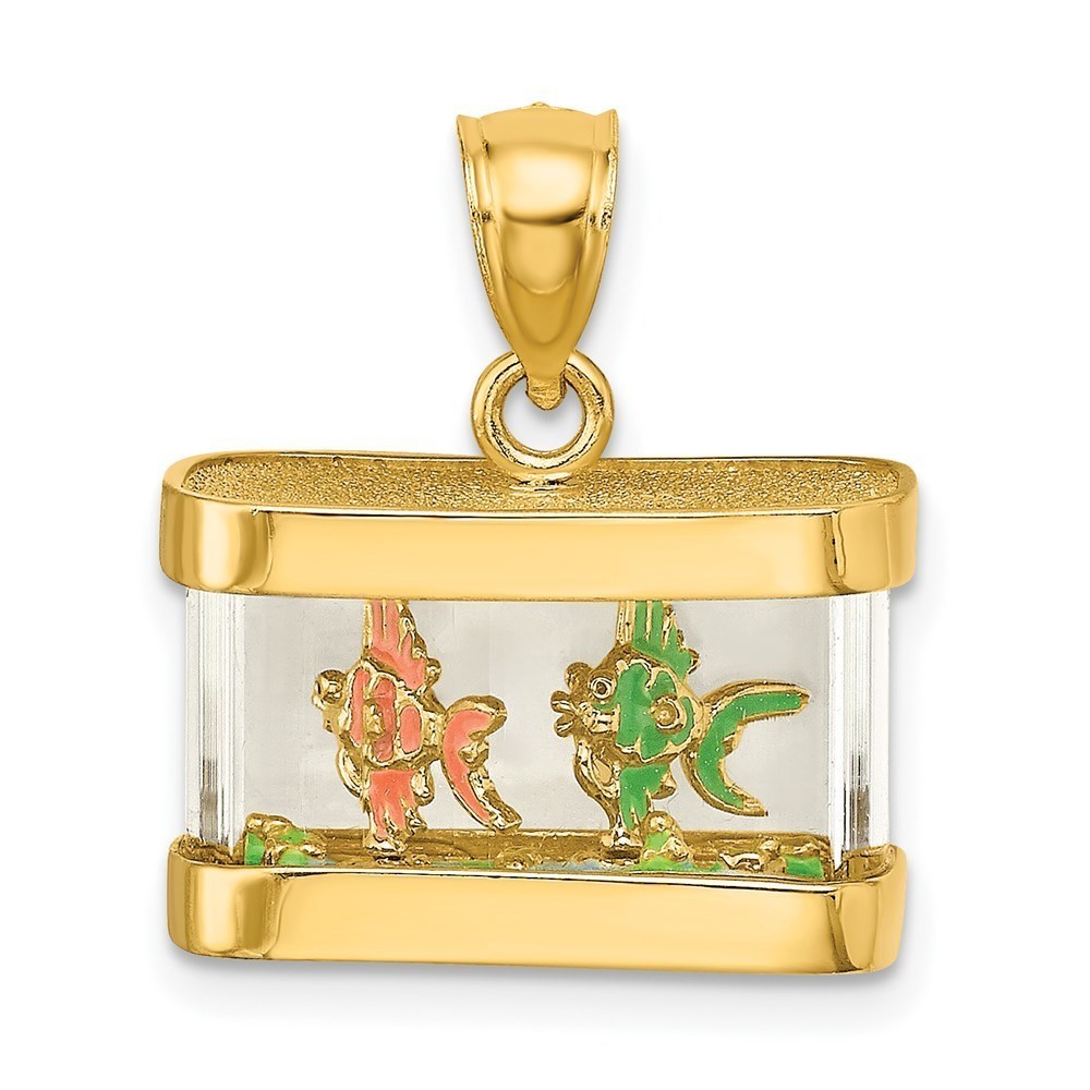 14k Yellow Gold 3-D Moveable Enamel Fish Aquarium Necklace Charm Pendant